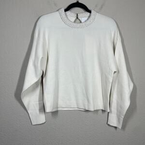 (Nude) Fashion 38/Small Crewneck Knit Beaded Sweater White Wool Long Sleeves
